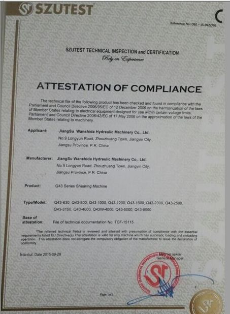 La CINA Jiangsu Wanshida Hydraulic Machinery Co., Ltd Certificazioni